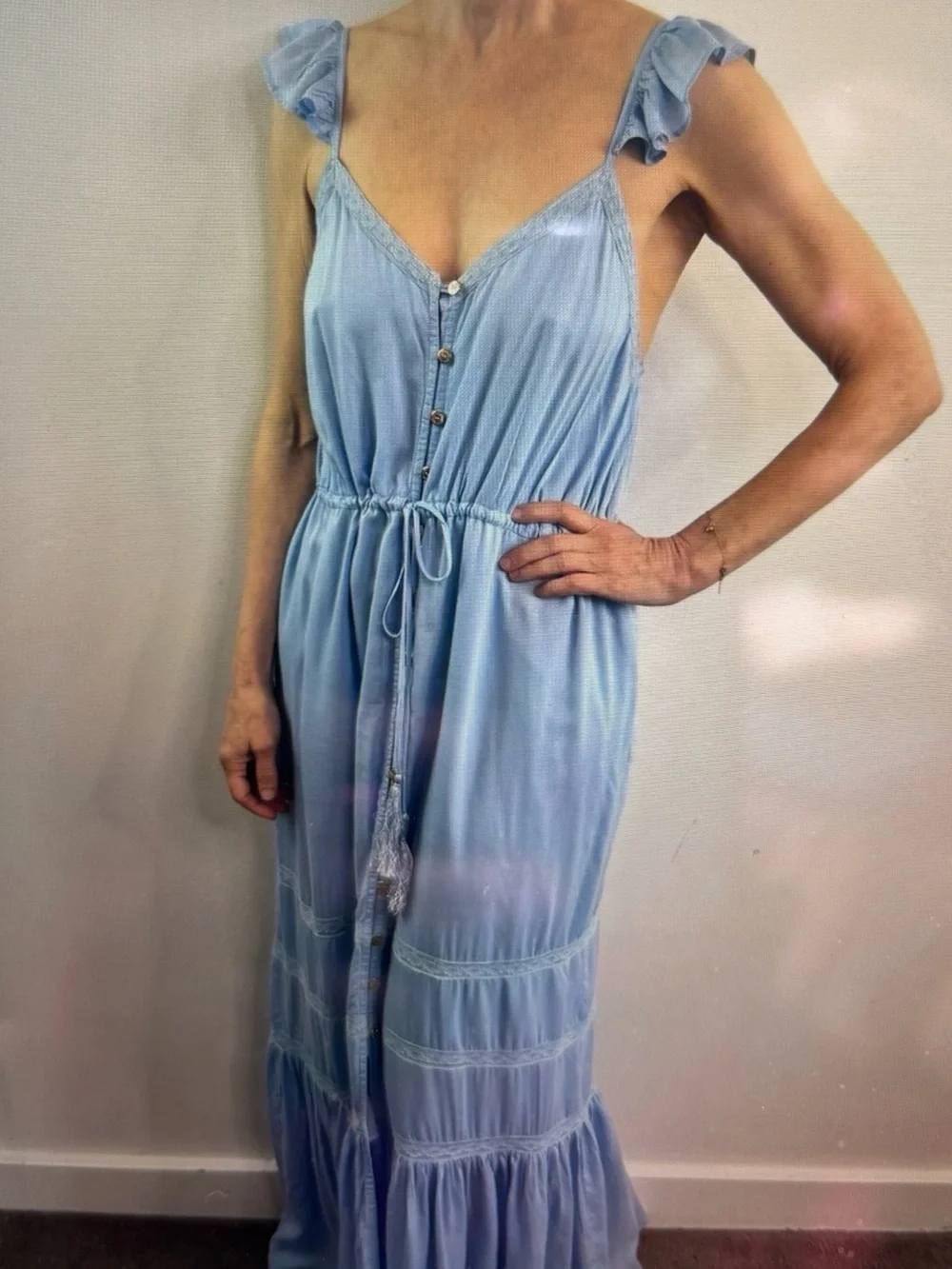 Melissa Odabash Light Blue Ruffle-Shoulder Button-Front Maxi Dress - Picture 3 of 9